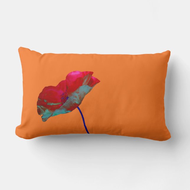 Blaue Mohn auf warmen Orangen Lendenkissen (Vorderseite)