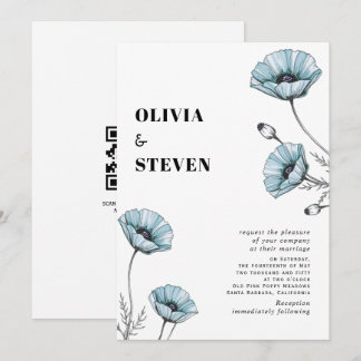 Blaue Mohn-Wildblumen-Blumenhochzeit QR-Code Einladung