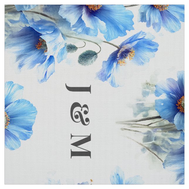 Blaue Mohnblumen-Hochzeitsstoff mit Monogramm Stoff (Muster)