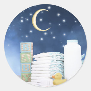 Blaue Mond- und Stern-Baby-Party Runder Aufkleber