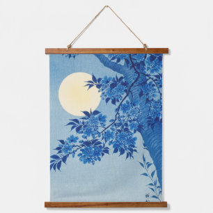Blaue mondbeschienene Baum: Japanische Kirschblüte Wandteppich Mit Holzrahmen