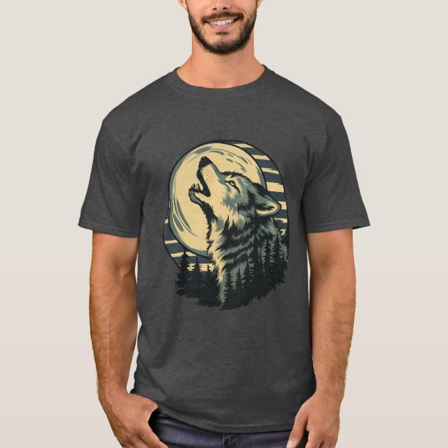 Blaue Mondkunst des heulenden Wolfes T-Shirt (Vorderseite)