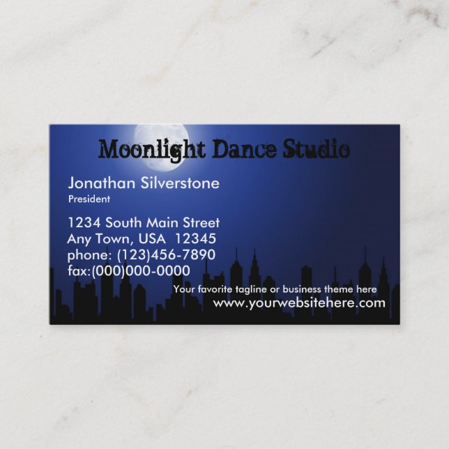 Blaue Mondschein-Visitenkarten, Tanz-Studio, Nacht Visitenkarte (Vorderseite)