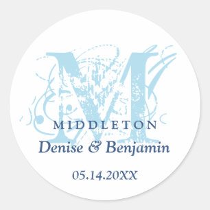 Blaue monogramm antike schicke Gastgeschenk Hochze Runder Aufkleber