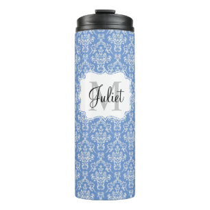 Blaue Monogramm Damaskus Muster Thermaltumbler Thermosbecher