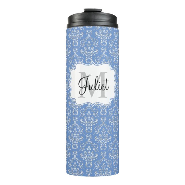 Blaue Monogramm Damaskus Muster Thermaltumbler Thermosbecher (Vorderseite)