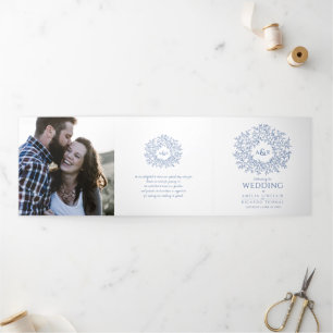 Blaue monogramm Geschichte Widding Foto Hochzeit Dreifach-gefaltete Programmkarte