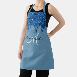 Blaue Monogramm-Glittertropfen metallic Schürze