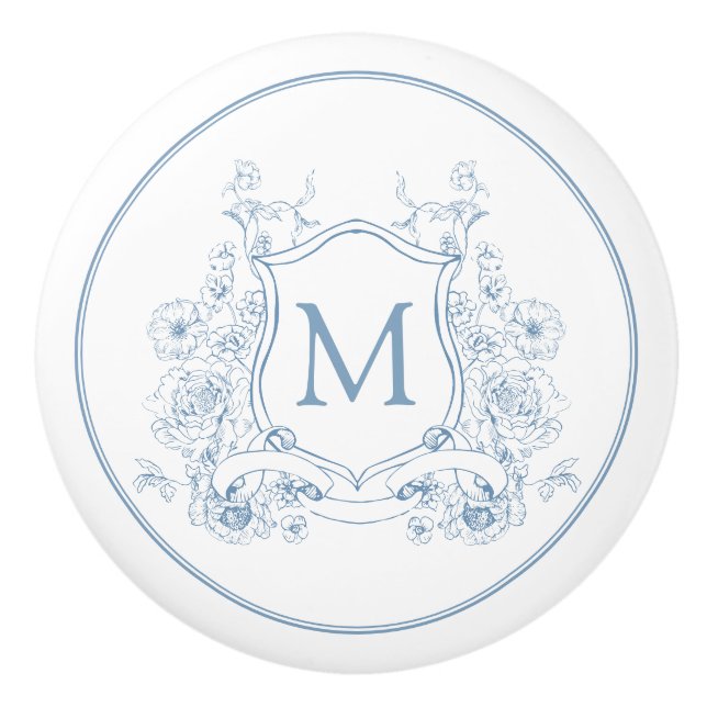 Blaue Monogramm-Vintage Keramikknauf (Vorderseite)