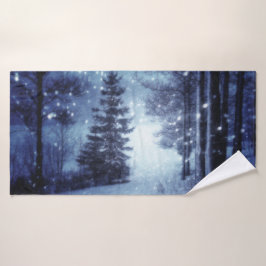 Blaue Moonlit Magische Wälder Winterlandschaft Badhandtuch Set