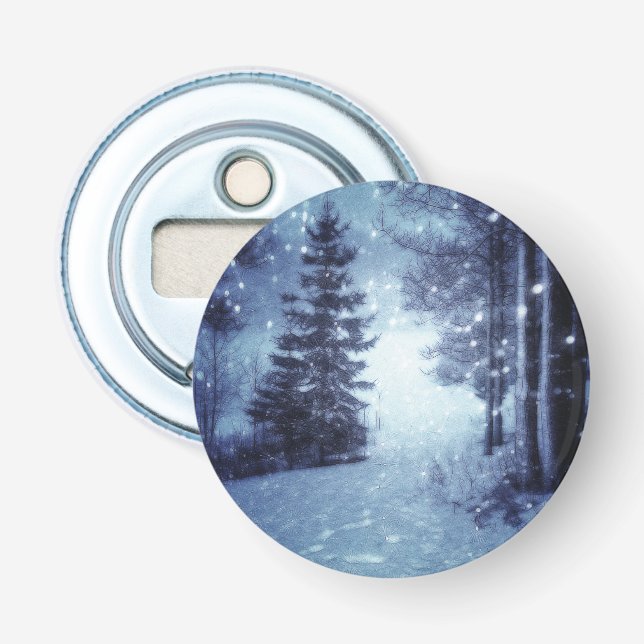 Blaue Moonlit Magische Wälder Winterlandschaft Flaschenöffner (Vorderseite)