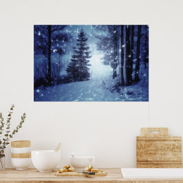 Blaue Moonlit Magische Wälder Winterlandschaft Poster