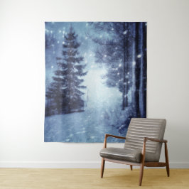 Blaue Moonlit Magische Wälder Winterlandschaft Wandteppich