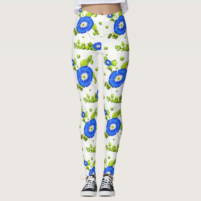 Blaue Morning Glory Blume Muster Leggings (Vorderseite)