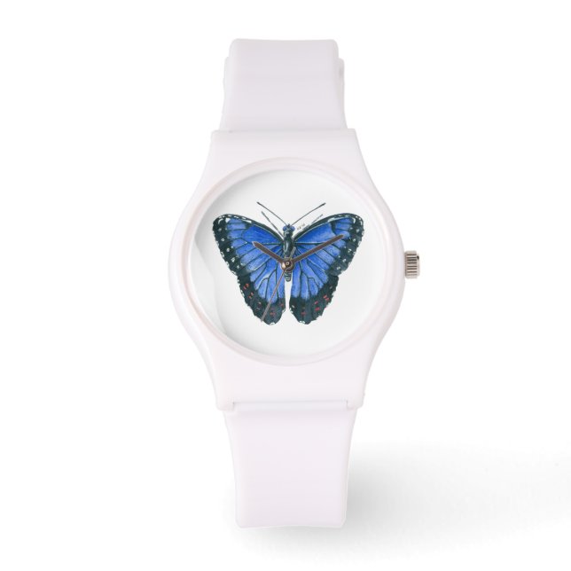 Blaue Morpho-Schmetterling-Aquarellmalerei Armbanduhr (Vorderseite)