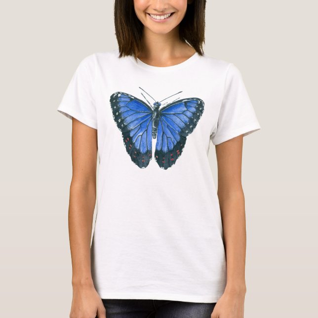 Blaue Morpho-Schmetterling-Aquarellmalerei T-Shirt (Vorderseite)