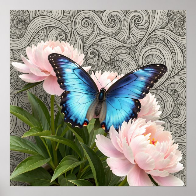 Blaue Morpho-Schmetterling Florale Botanische Kuns Poster (Vorne)