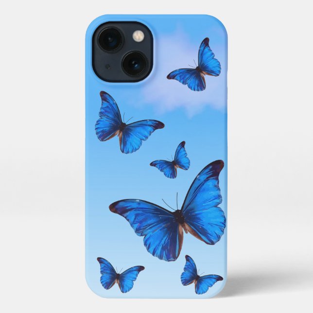 Blaue Morpho Schmetterlinge fliegen in Sky iPhone Hülle (Rückseite)