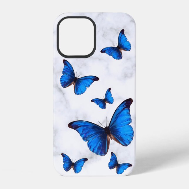 Blaue Morpho Schmetterlinge im Marmorflug iPhone 12 Hülle (Rückseite)