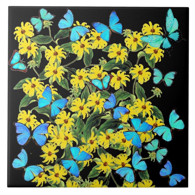 Blaue Morpho-Schmetterlinge Sonnenhut-Blumen Flies Fliese (Vorderseite)