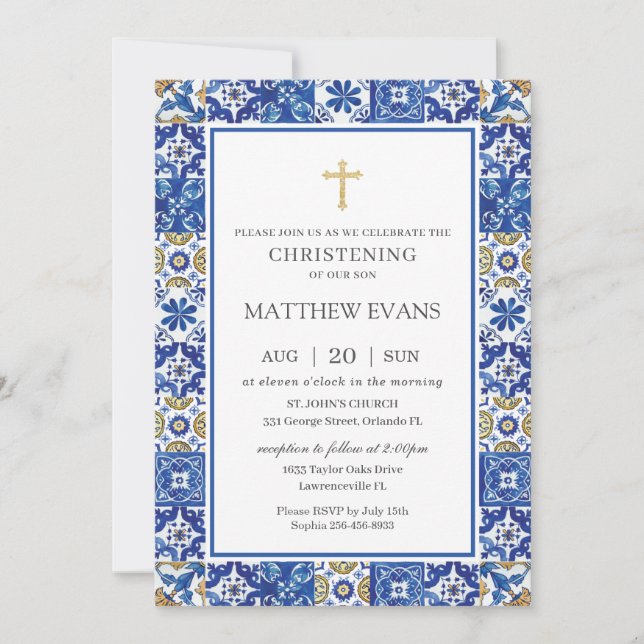 Blaue Mosaikfliesen Christening Einladung (Vorderseite)