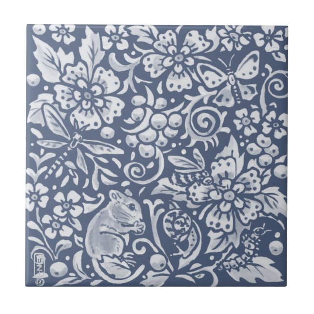 Blaue Mouse Wald Land Foods Tier Verziert Fliese (Vorderseite)