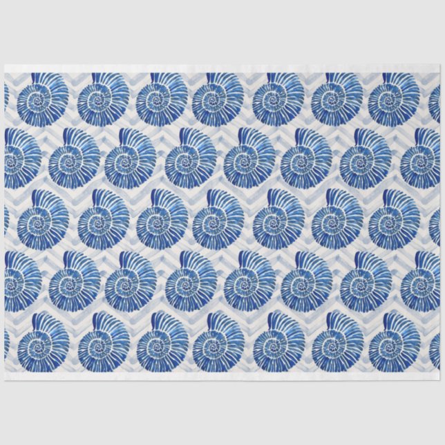 Blaue Muscheln auf blauem Zickzack Hintergrund Seidenpapier (Vorderseite)