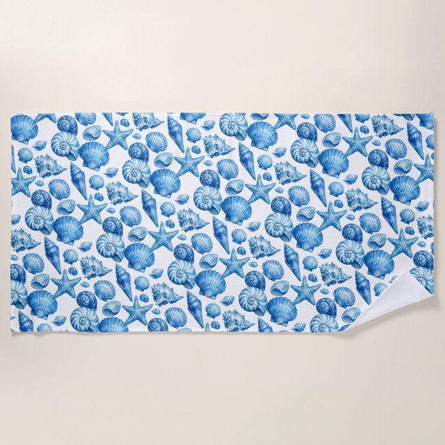 Blaue Muscheln. Maritim.  Strandtuch (Vorderseite)
