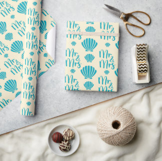 Blaue Muscheln Sommerstrand Hochgelb, nahtlos Geschenkpapier