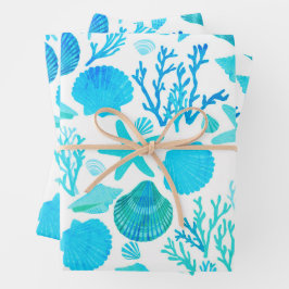 Blaue Muscheln und Korallenmuster - Geschenk am Me Geschenkpapier Set