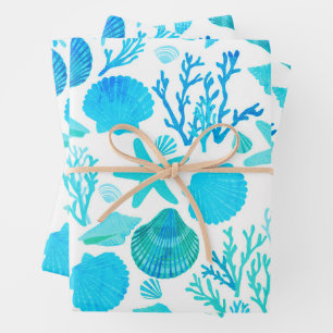 Blaue Muscheln und Korallenmuster - Geschenk am Me Geschenkpapier Set