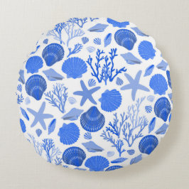 Blaue Muscheln und Korallenmuster Rundes Kissen
