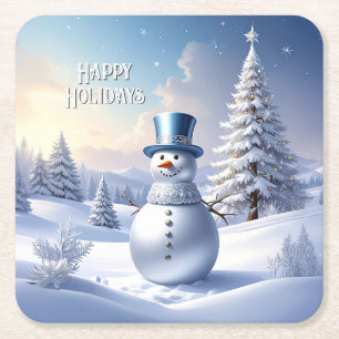 Blaue Mützen-Schneemann-Weihnachtsbaum-Feiertag Rechteckiger Pappuntersetzer