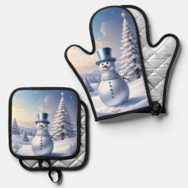 Blaue Mützen-Schneemann-Weihnachtsbaum Ofenhandschuh & Topflappen-Set