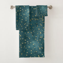 Blaue Nacht - aquamarines Goldsternmuster Badhandtuch Set
