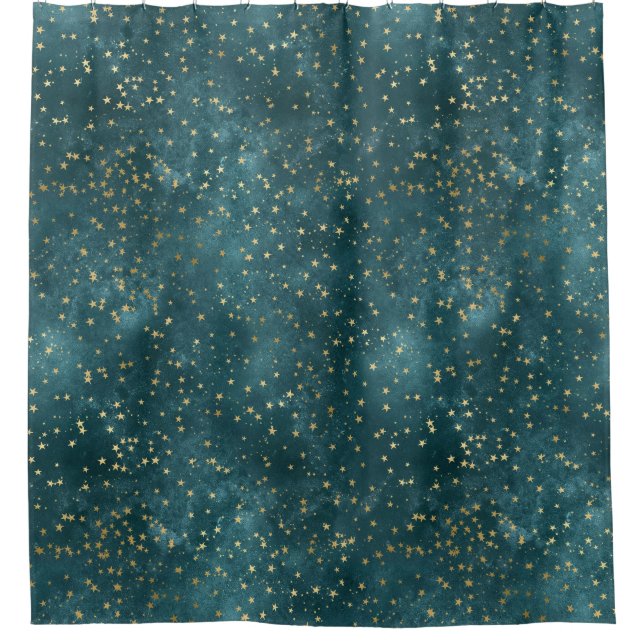 Blaue Nacht - aquamarines Goldsternmuster Duschvorhang (Vorderseite)