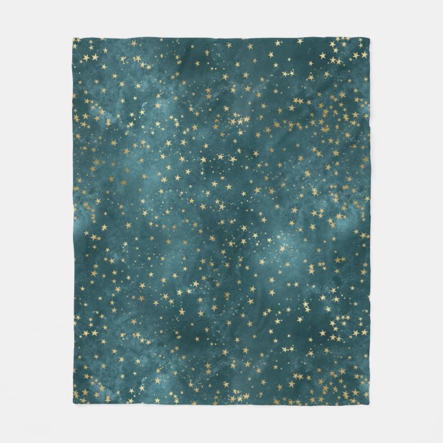 Blaue Nacht - aquamarines Goldsternmuster Fleecedecke (Vorderseite)