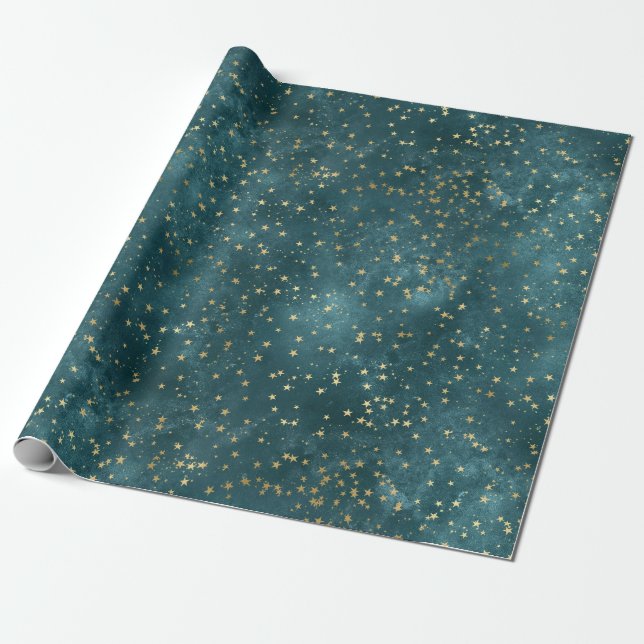 Blaue Nacht - aquamarines Goldsternmuster Geschenkpapier (Ungerollt)
