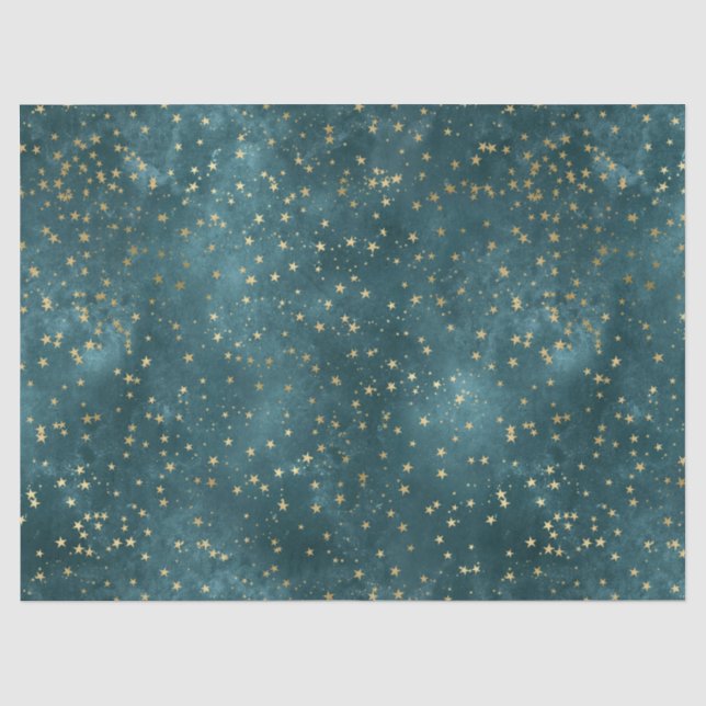 Blaue Nacht - aquamarines Goldsternmuster Seidenpapier (Vorderseite)