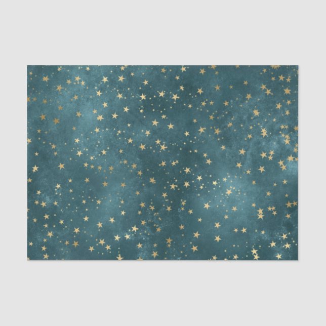 Blaue Nacht - aquamarines Goldsternmuster Seidenpapier (Vorderseite)