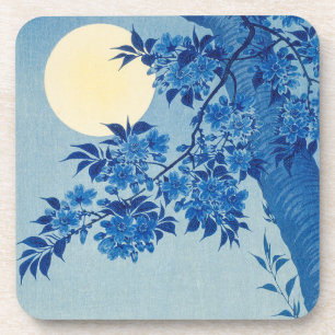 Blaue Nacht Mond Kirschbaum Japanisch Getränkeuntersetzer