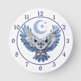 Blaue Nachteule und Mond Runde Wanduhr