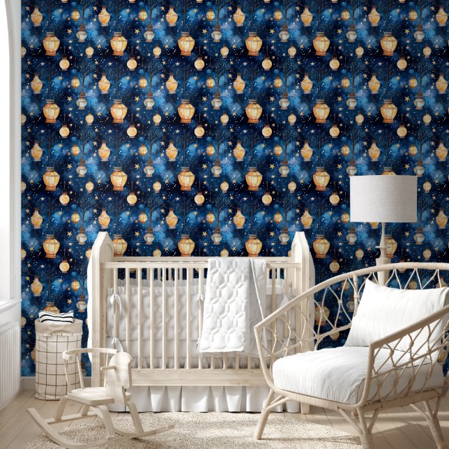 Blaue Nachthimmelleuchten mit orangefarbenen Lampe Tapete (Kinder)