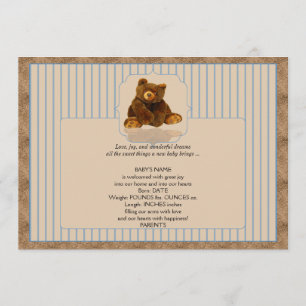 Blaue Nadelstreifen-Teddybär-Baby-Mitteilung Ankündigung