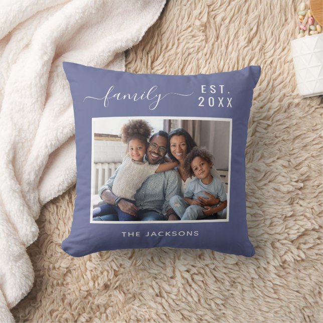 Blaue Namensskripte für das Foto der Familie Kissen (Decke)