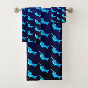Blaue Narwalmuster auf Navy Blue Cartoon Badhandtuch Set