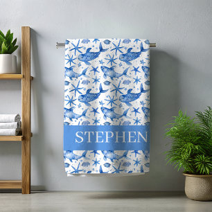Blaue nautische Fisch-Seesterne personalisiert Strandtuch