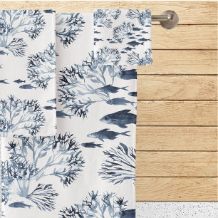 Blaue Nautische Fische und Korkmuster Badhandtuch Set