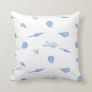Blaue nautische Muscheln und Seestern-Kissen Kissen