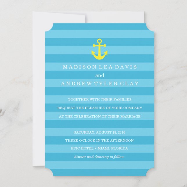Blaue nautische Streifen zum Hochzeitsempfang Einladung (Vorderseite)